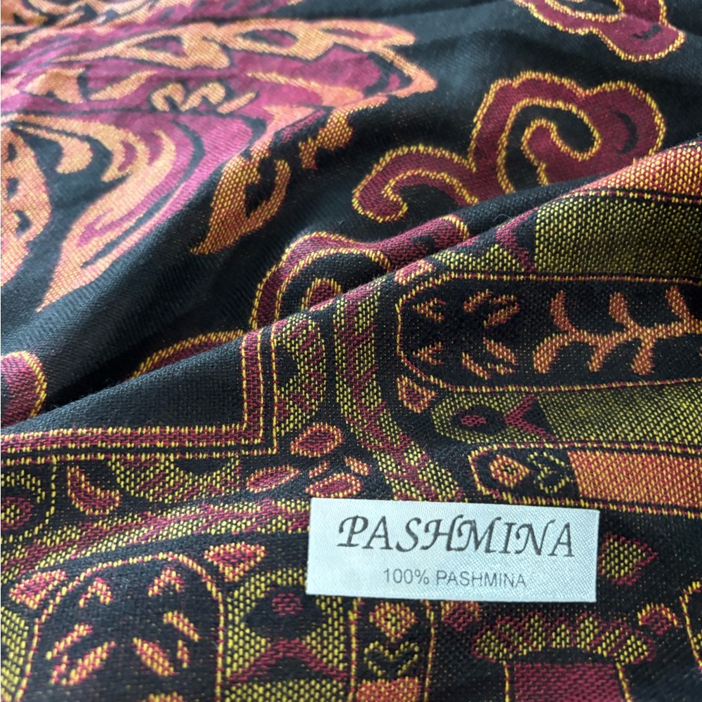 Pashmina Scarf in Black with Gold and Burgundy Motif 46 inches square